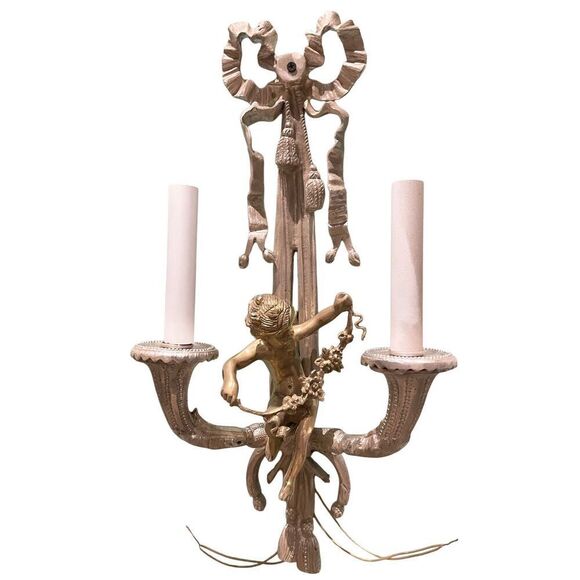 Antique French Gilt Bronze Figural Cherab Two Light Sconce Bronze Louis XVI Vers - Picture 1 of 7